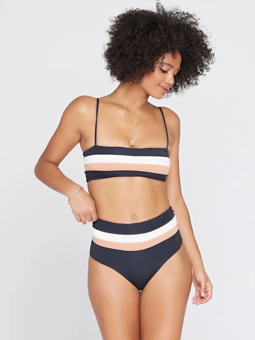 L Space Portia Stripe Womens Bottom Sz Small Black Cream Chestnut Nylon Seamless